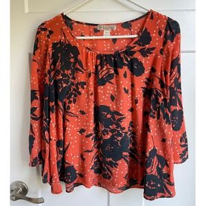 Trinity 100% Silk Peasant Blouse S Boho Bell Sleeve Orange Workwear Lagenlook